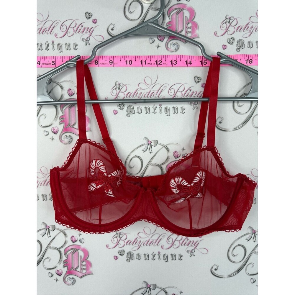 Bra candy cane holiday Red Sheer Lace Balconette Bra